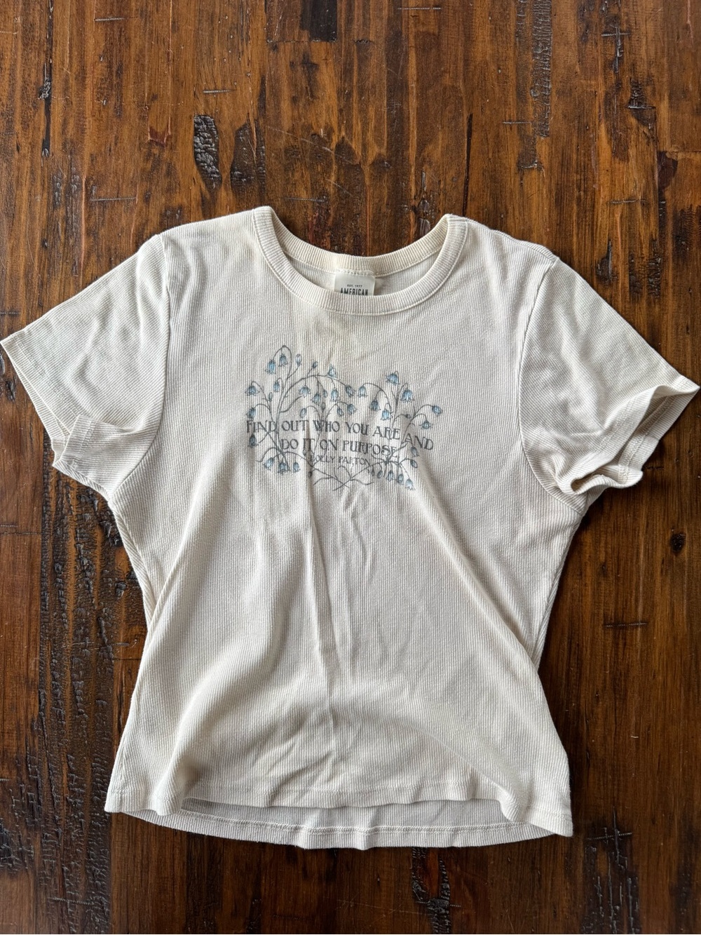 American Eagle Cream Ribbed Band Tee Dolly Parton Quote